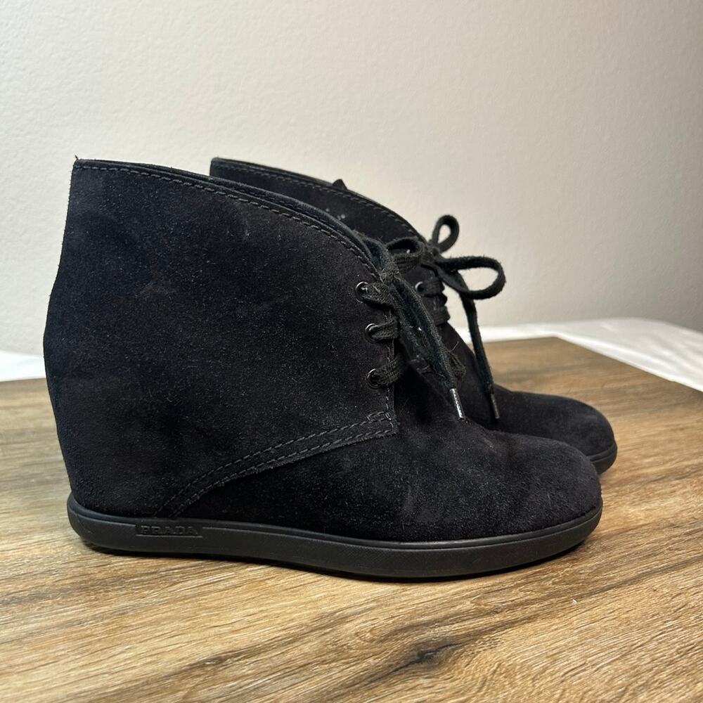 PRADA Rossa Desert Wedge Black Suede 
SIZE 38 Lace-up Booties